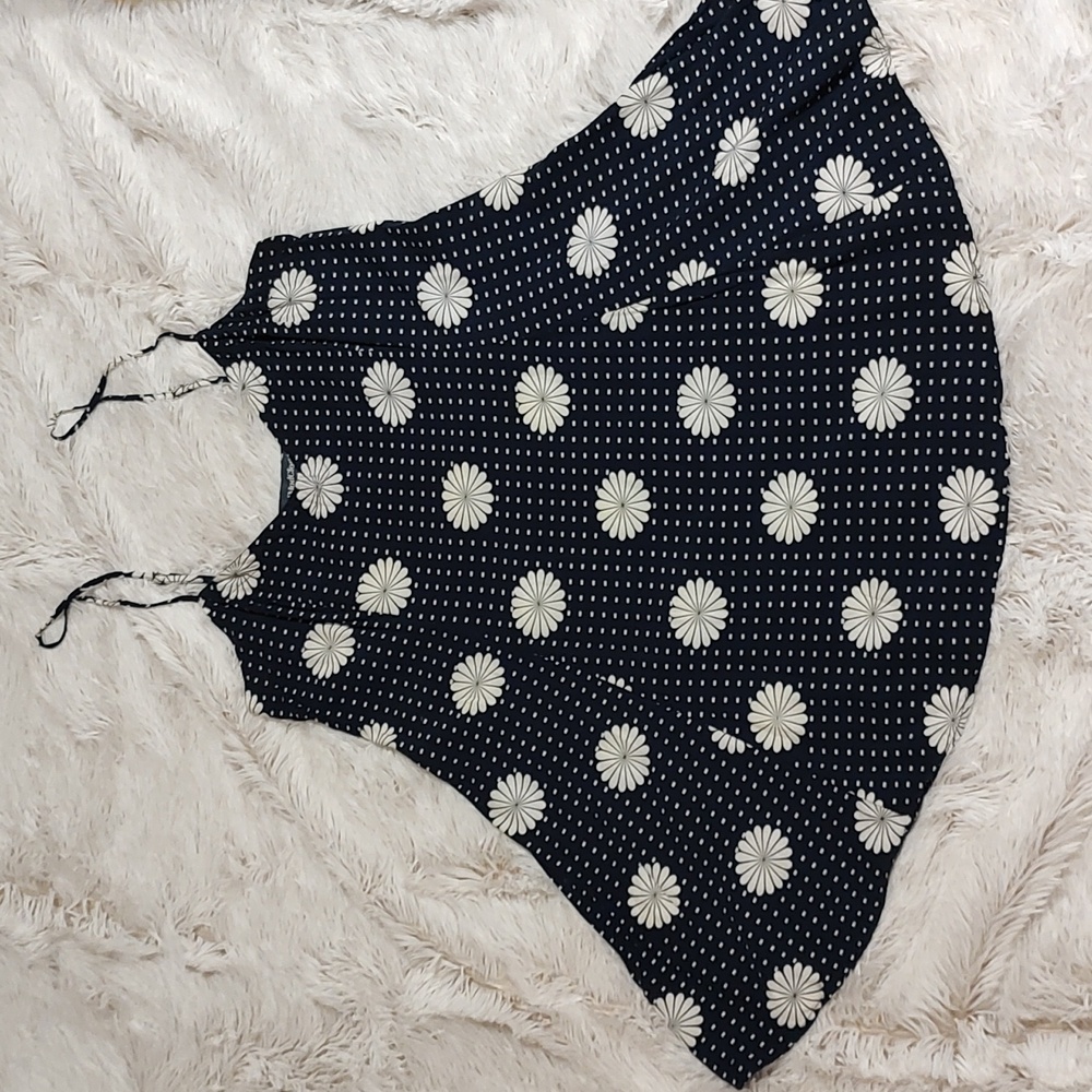 ModCloth Flowy Babydoll Tank Navy White Daisy Print Tie-Back Spaghetti Strap Med